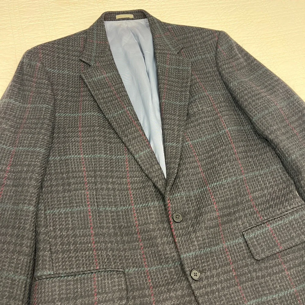 Alan Lebow Hartz Mens Cashmere Blend Blazer Grey Windowpane Plaid Sport Coat 44R
